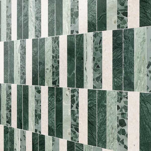 Elizabeth Sutton Arc Offset Linear Forest Green 12x12 Honed Marble and Terrazzo Mosaic Tile