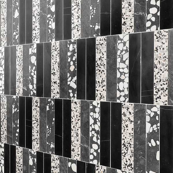 Elizabeth Sutton Arc Offset Linear Noir Black & White 12x12 Honed Marble and Terrazzo Mosaic Tile