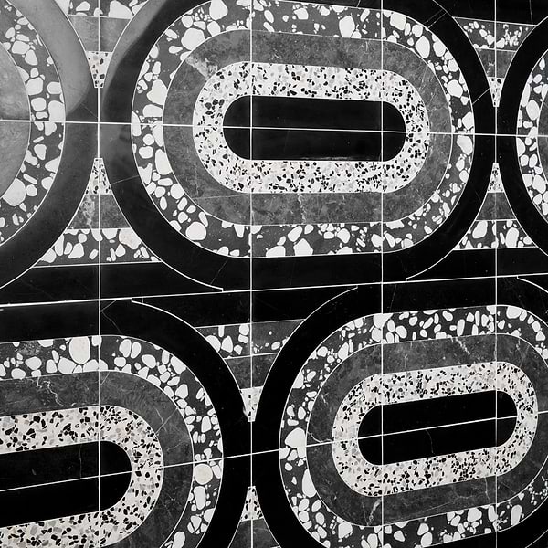 Elizabeth Sutton Arc Oval Noir Black & White 12x12 Honed Marble and Terrazzo Mosaic Tile