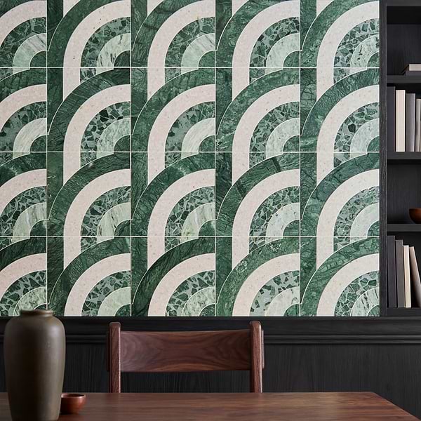 Elizabeth Sutton Arc Vertical Forest Green 12x12 Honed Marble and Terrazzo Mosaic Tile