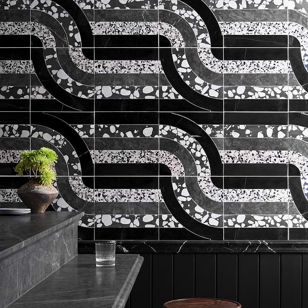 Elizabeth Sutton Arc Interlock Noir Black & White 12x12 Honed Marble and Terrazzo Mosaic Tile