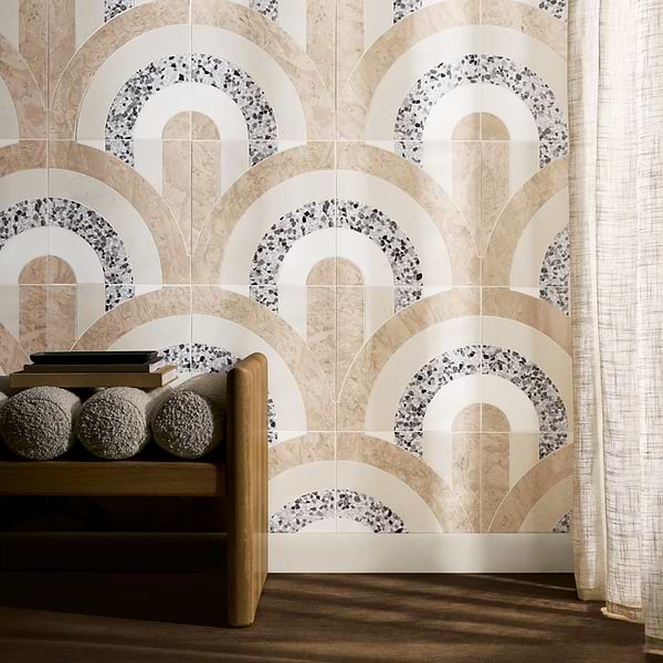 Elizabeth Sutton Arc Offset Semi-Circle Desert Beige 12x12 Honed Marble and Terrazzo Mosaic Tile