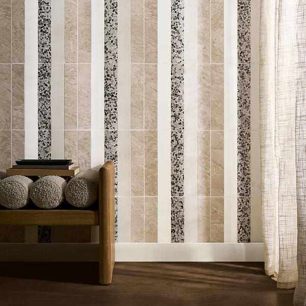 Elizabeth Sutton Arc Linear Desert Beige 12x12 Honed Marble and Terrazzo Mosaic Tile
