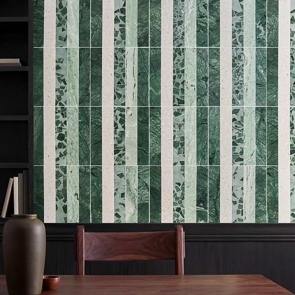 Elizabeth Sutton Arc Stripes Forest Green 12x12 Honed Marble and Terrazzo Mosaic Tile