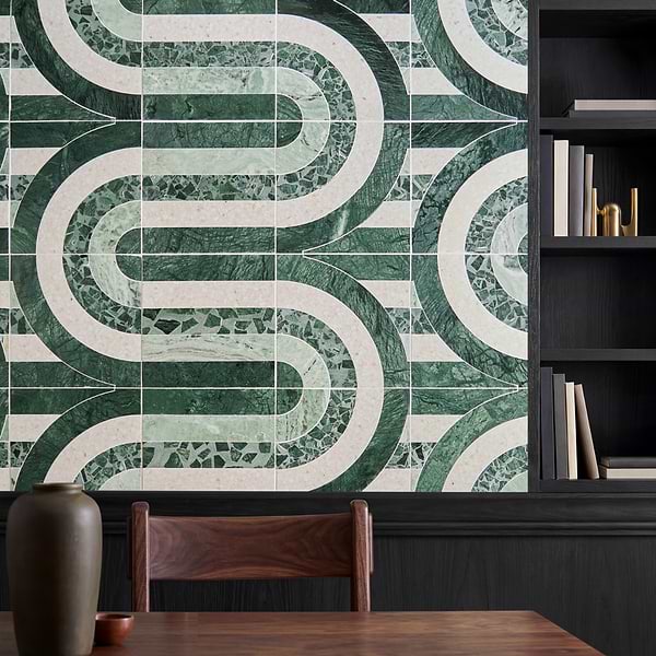 Elizabeth Sutton Arc Wave Forest Green 12x12 Honed Marble and Terrazzo Mosaic Tile