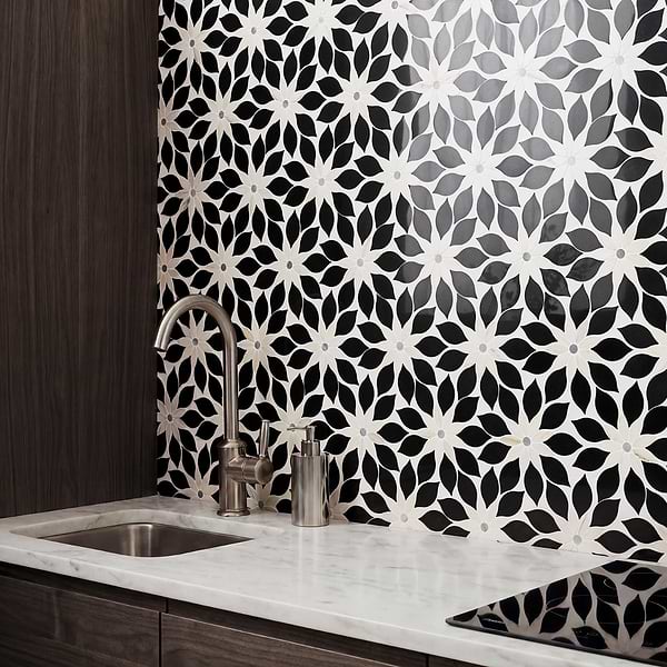 Wildflower Black Jade and Calacatta Marble Polished Mosaic Tile