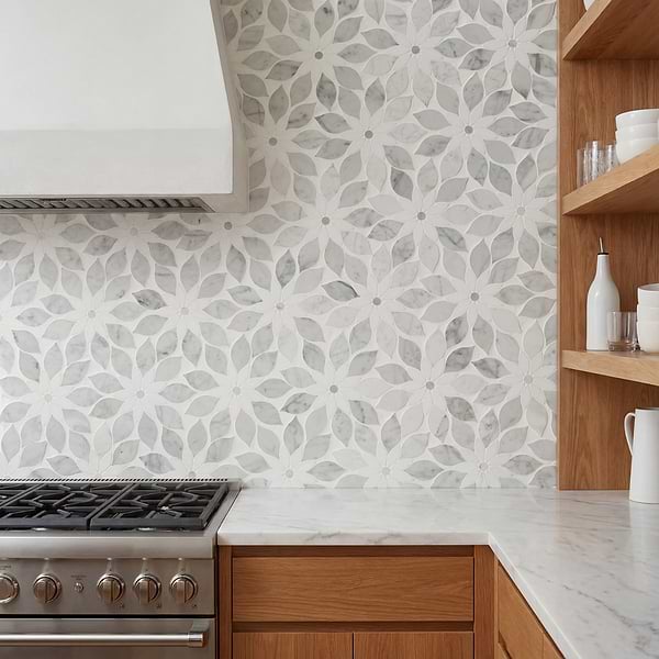 Wildflower Thassos and Bianco Carrara Marble Polished Mosaic Tile