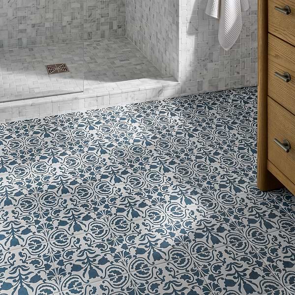 Elowynn Belle Cove White 8x8 Matte Porcelain Tile by Kravet in Blue, White, View 3, open zoomed image