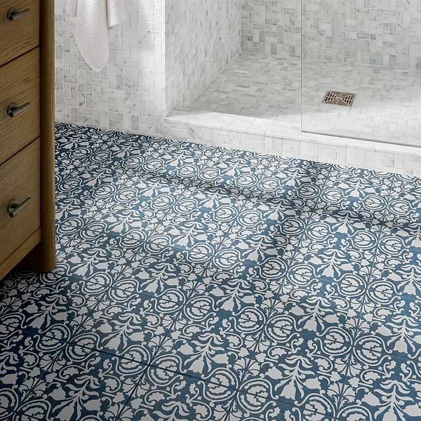Elowynn Belle Marina Blue 8x8 Matte Porcelain Tile by Kravet in Blue, White, View 3, open zoomed image