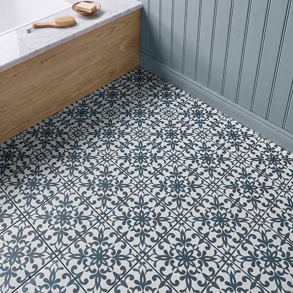 Elowynn Medallion Cove White 8x8 Matte Porcelain Tile by Kravet in Blue, White, View 3, open zoomed image