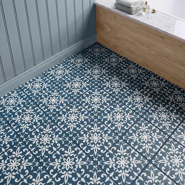 Elowynn Medallion Marina Blue 8x8 Matte Porcelain Tile by Kravet in Blue, White, View 3, open zoomed image
