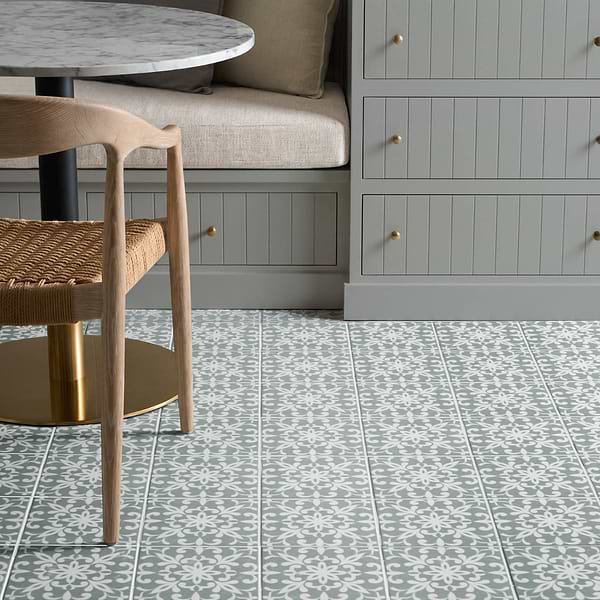 Elowynn Medallion Seafoam Green 8x8 Matte Porcelain Tile by Kravet in Green, White, View 3, open zoomed image