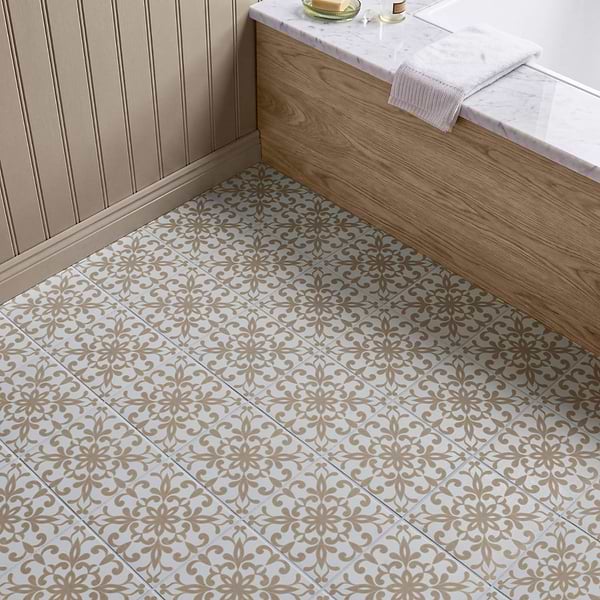Elowynn Medallion Shell White 8x8 Matte Porcelain Tile by Kravet in Beige & Cream, View 3, open zoomed image