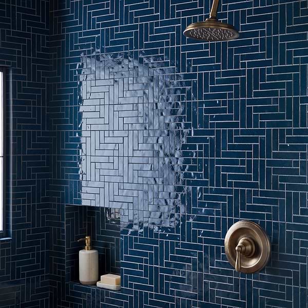 Zelora Marine Blue Herringbone Glossy Ceramic Mosaic Tile