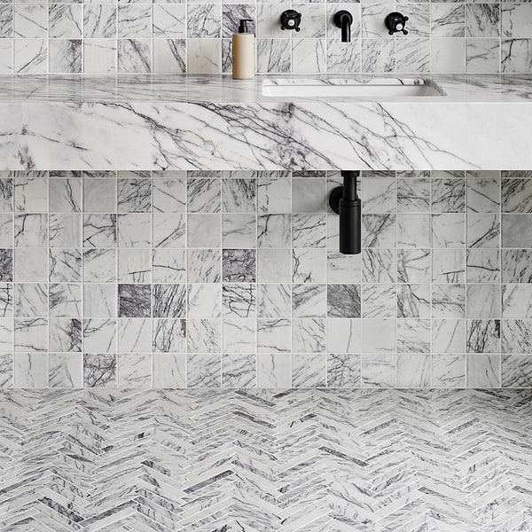 Velour Lilac 1x6 Herringbone Leather Marble Mosaic Tile in White, Purple, View 3, open zoomed image