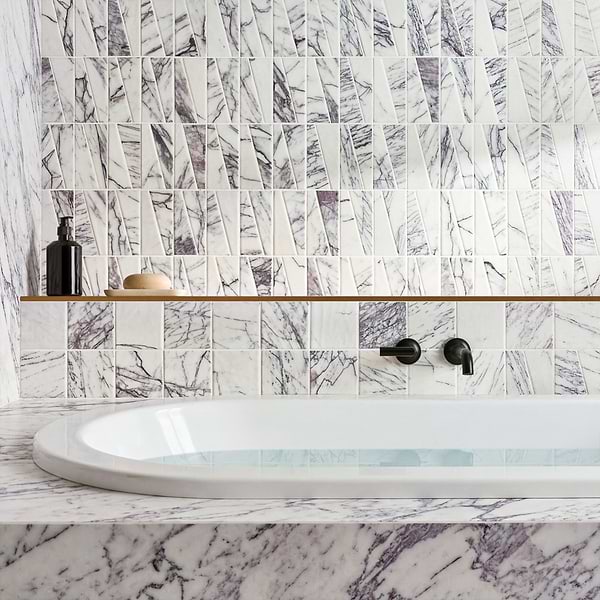 Velour Lilac 2x6 Trapezoid Leather Marble Mosaic Tile in White, Purple, View 3, open zoomed image