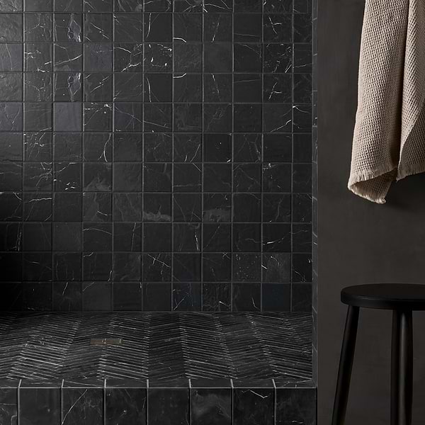Velour Nero Marquina 4x4 Leather Marble Tile in Black, White, View 3, open zoomed image