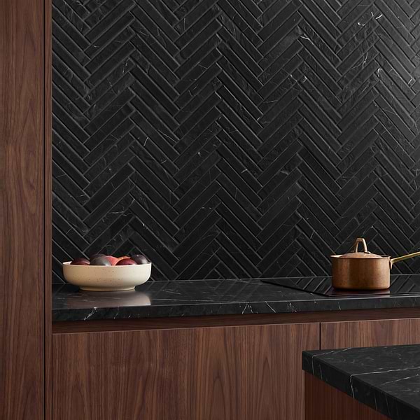 Velour Nero Marquina 1x6 Herringbone Leather Marble Mosaic Tile in Black, White, View 3, open zoomed image