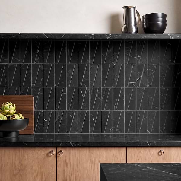 Velour Nero Marquina 2x6 Trapezoid Leather Marble Mosaic Tile in Black, White, View 3, open zoomed image