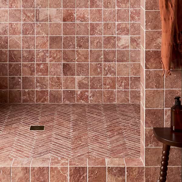 Velour Red Travertine 4x4 Leather Marble Tile in Red, View 3, open zoomed image