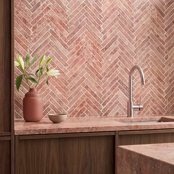 Velour Red Travertine 1x6 Herringbone Leather Marble Mosaic Tile in Red, View 3, open zoomed image