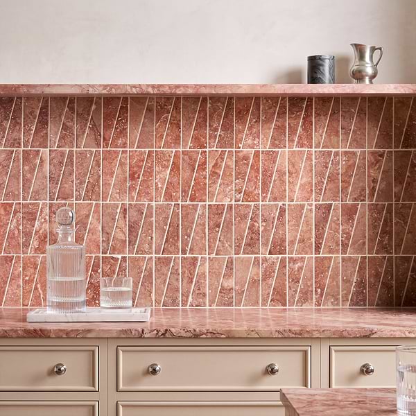 Velour Red Travertine 2x6 Trapezoid Leather Marble Mosaic Tile in Red, View 3, open zoomed image