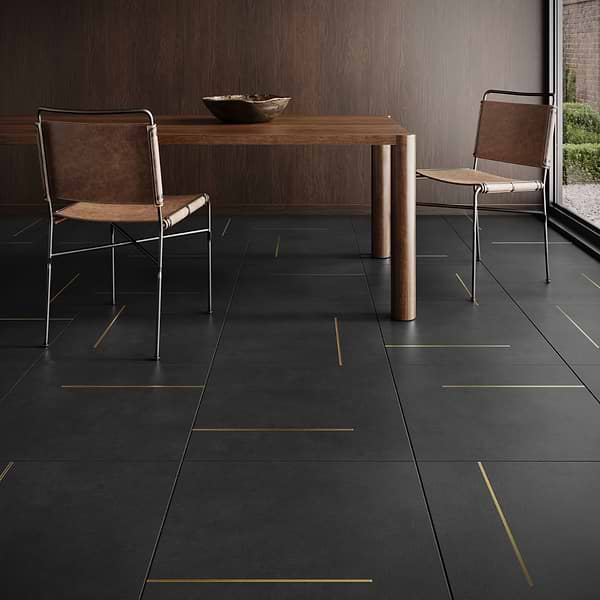 Lines Brass Inlay Black 24X24 Matte Porcelain Tile in Black and Gold, View 3, open zoomed image
