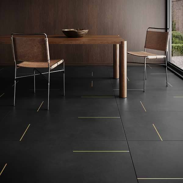 Lines Brass Inlay Black 24X48 Matte Porcelain Tile in Black and Gold, View 3, open zoomed image