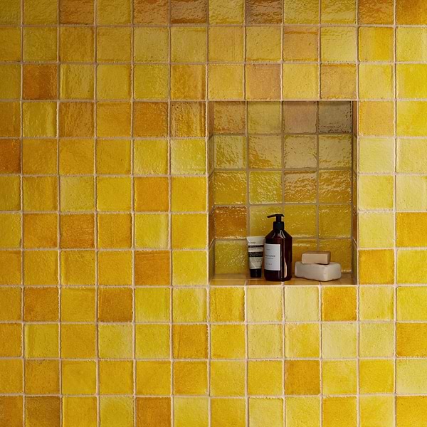 Terra Ember Canary Yellow 4x4 Handmade Crackled Glossy Terracotta Tile in Yellow, View 3, open zoomed image