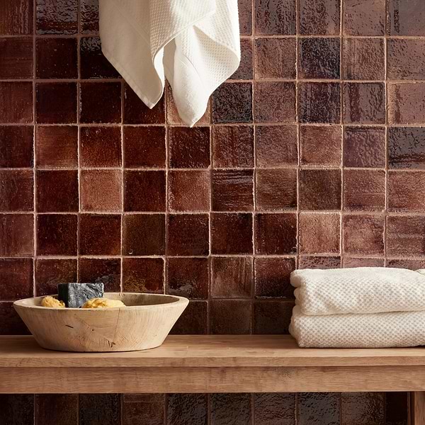 Terra Ember Hazelnut Brown 4x4 Handmade Crackled Glossy Terracotta Tile in Brown, View 3, open zoomed image