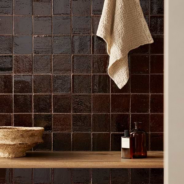Terra Ember Espresso Brown 4x4 Handmade Crackled Glossy Terracotta Tile in Brown, View 3, open zoomed image