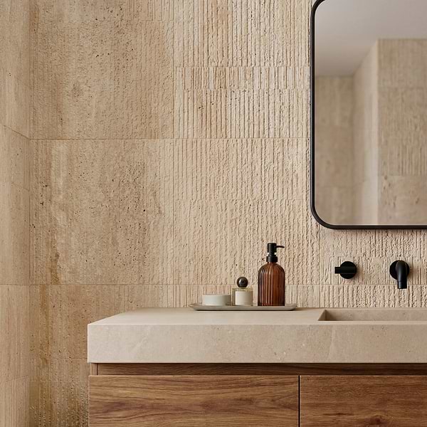 Stretto Carved Cream Travertine 16x16 Vein Cut Unfilled Honed Tile in Cream, View 3, open zoomed image
