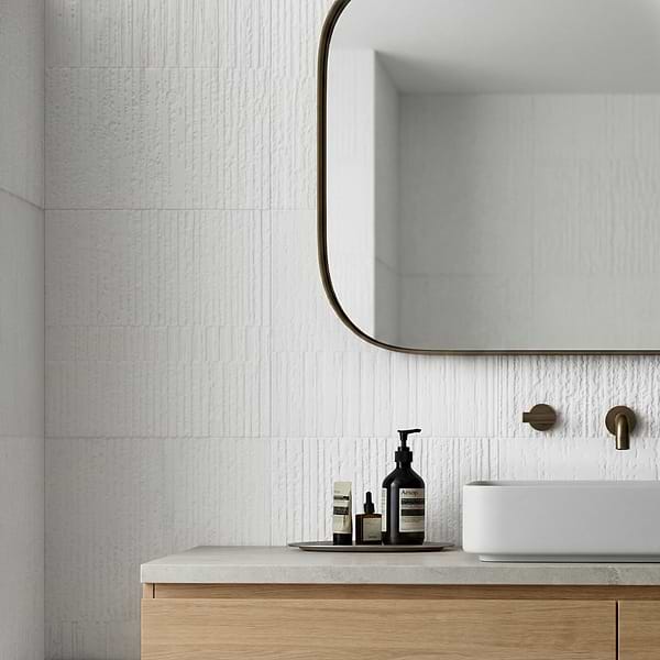 Stretto Carved Thassos 16x16 Textured Honed Marble Tile in White, View 3, open zoomed image