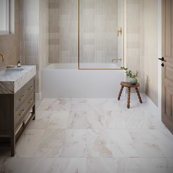 Basic Marble Onyx Aurelia Beige 12x24 Satin Porcelain Tile in Light Beige with veining, View 3, open zoomed image
