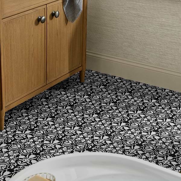 Elowynn Belle Midnight Black 8x8 Matte Porcelain Tile by Kravet in Black, White, View 3, open zoomed image