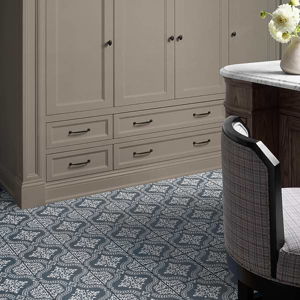 Elowynn Flora Marina Blue 8x8 Matte Porcelain Tile by Kravet in Blue, White, View 3, open zoomed image