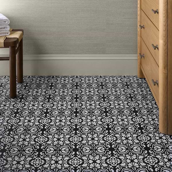 Elowynn Haven Midnight Black 8x8 Matte Porcelain Tile by Kravet in Black, White, View 3, open zoomed image