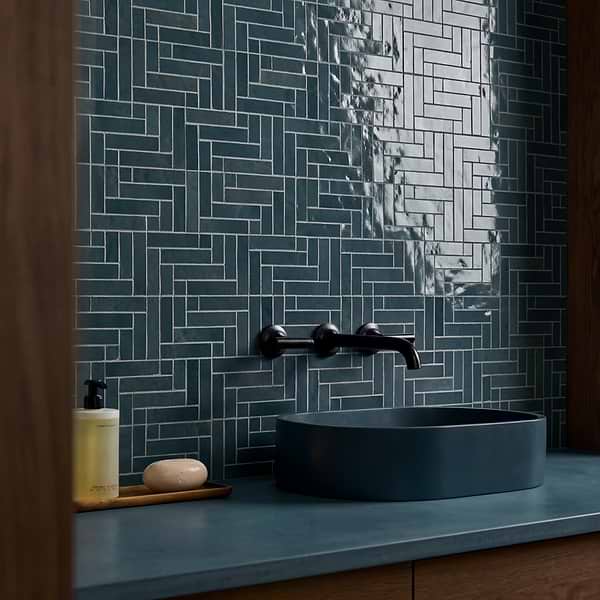 Zelora Coastal Blue Herringbone Glosrry Ceramic Mosaic Tile
