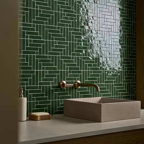 Zelora Forest Green Herringbone Glossy Ceramic Mosaic Tile