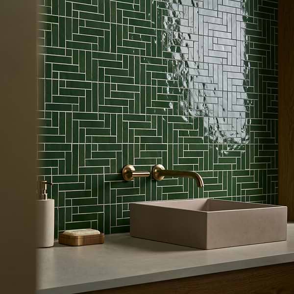 Zelora Forest Green Herringbone Glossy Ceramic Mosaic Tile