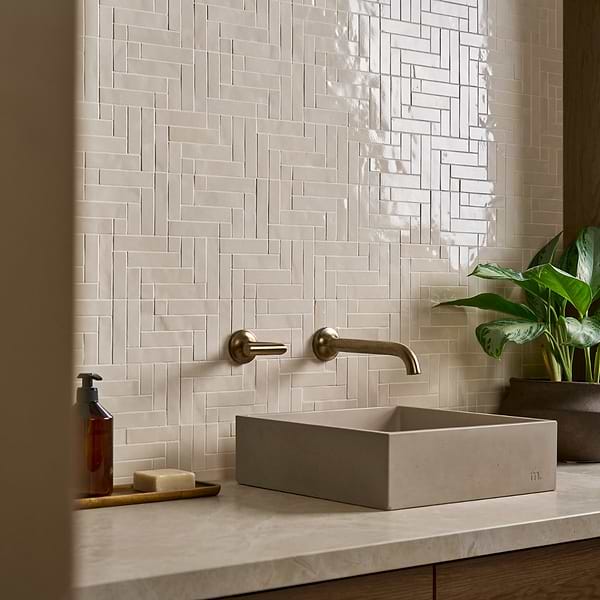 Zelora Linen Beige Herringbone Glossy Ceramic Mosaic Tile