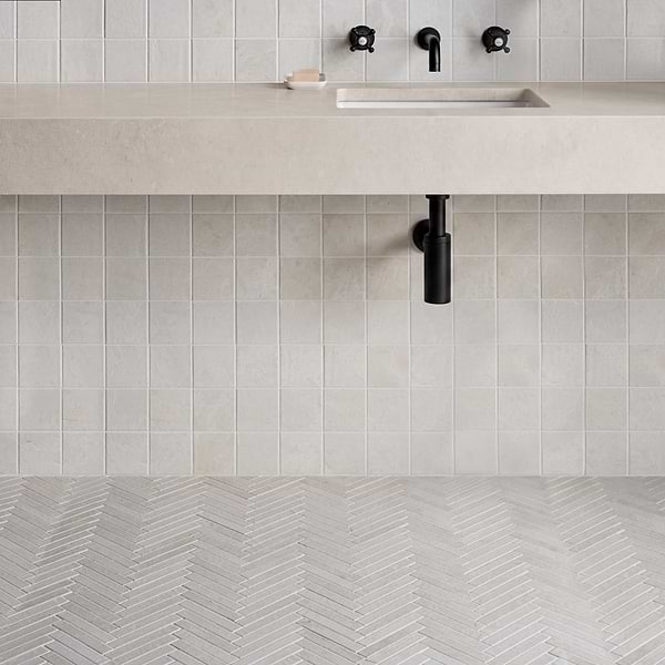 Velour Vanilla 4x4 Leather Marble Tile in Warm White, View 3, open zoomed image