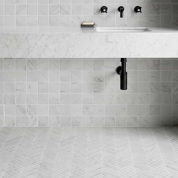 Velour Bianco Carrara 1x6 Herringbone Leather Marble Mosaic Tile in White, View 3, open zoomed image