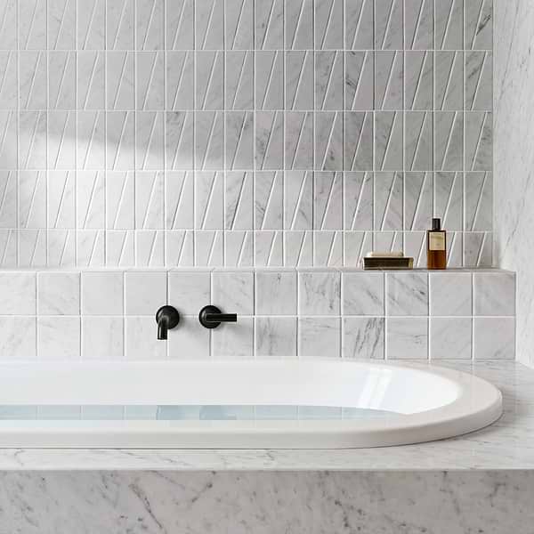 Velour Bianco Carrara 2x6 Trapezoid Leather Marble Mosaic Tile in White, View 3, open zoomed image