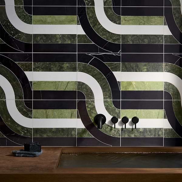 Elizabeth Sutton Arc Interlock Soul Green & Black 12x12 Polished Marble Mosaic Tile