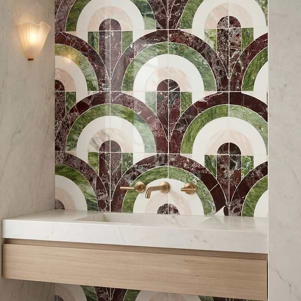 Elizabeth Sutton Arc Offset Semi-Circle Rainbow Multicolor 12x12 Polished Marble Mosaic Tile