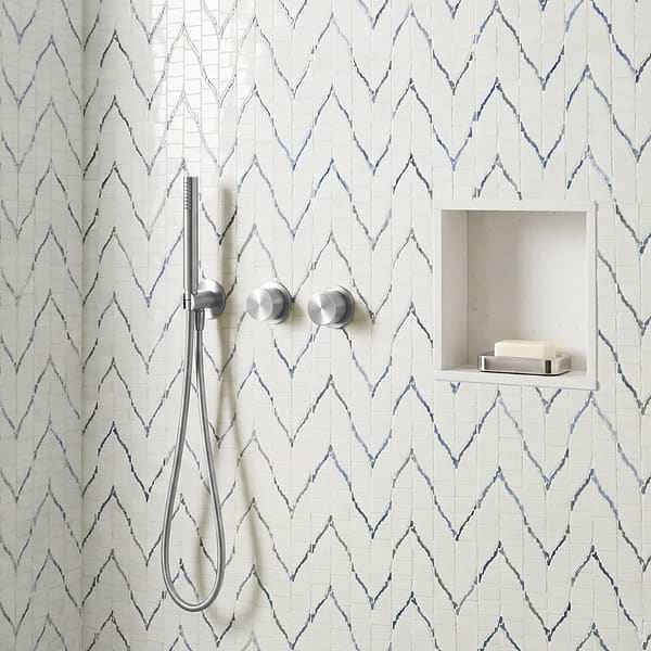 Ikara Thassos Polished Waterjet Marble Mosaic Tile in White, Blue, View 3, open zoomed image