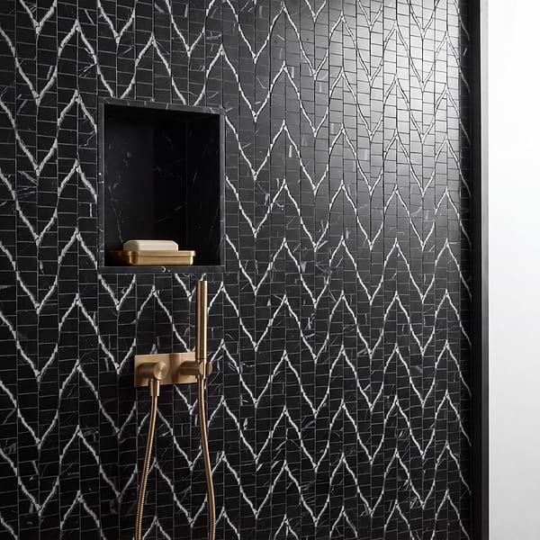 Ikara Nero Marquina Honed Waterjet Marble Mosaic Tile in Black, Gray, View 3, open zoomed image