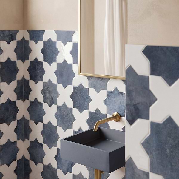 Parma Denim Blue Matte Star and White Polished Cross 6" Terracotta Look Porcelain Tile