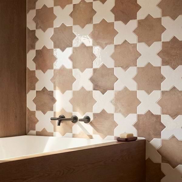 Parma Cotto Brown Matte Star and White Polished Cross 6" Terracotta Look Porcelain Tile